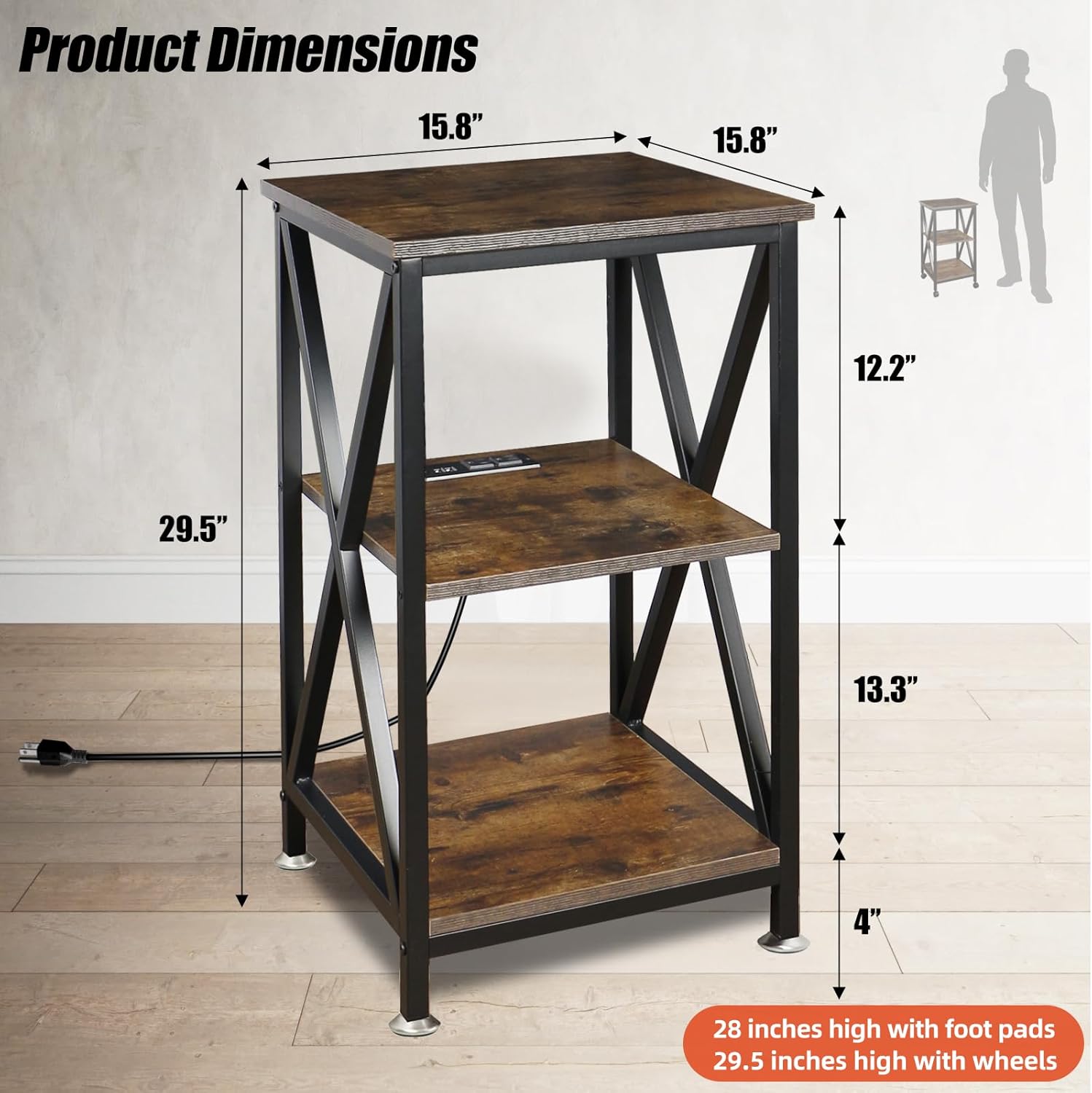 End Tables Living Room Set of 2, Square End Table with Charging Station, 16" D X 16" W X 28" H, Wood and Metal Table with USB Ports and Outlets, Side Table with Wheels for Living Room, Bedroom