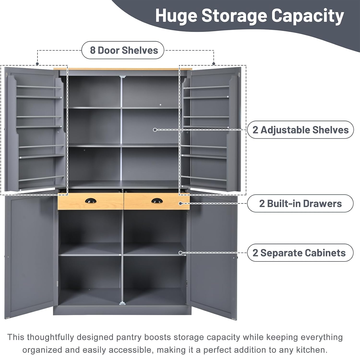 71.3" Tall Wooden Storage Cabinet with 4 Doors and Adjustable Shelves, 40.2" W Freestanding Kitchen Pantry Cupboard Storage Cabinet for Kitchen, Living Room, Dining Room and Office, Gray