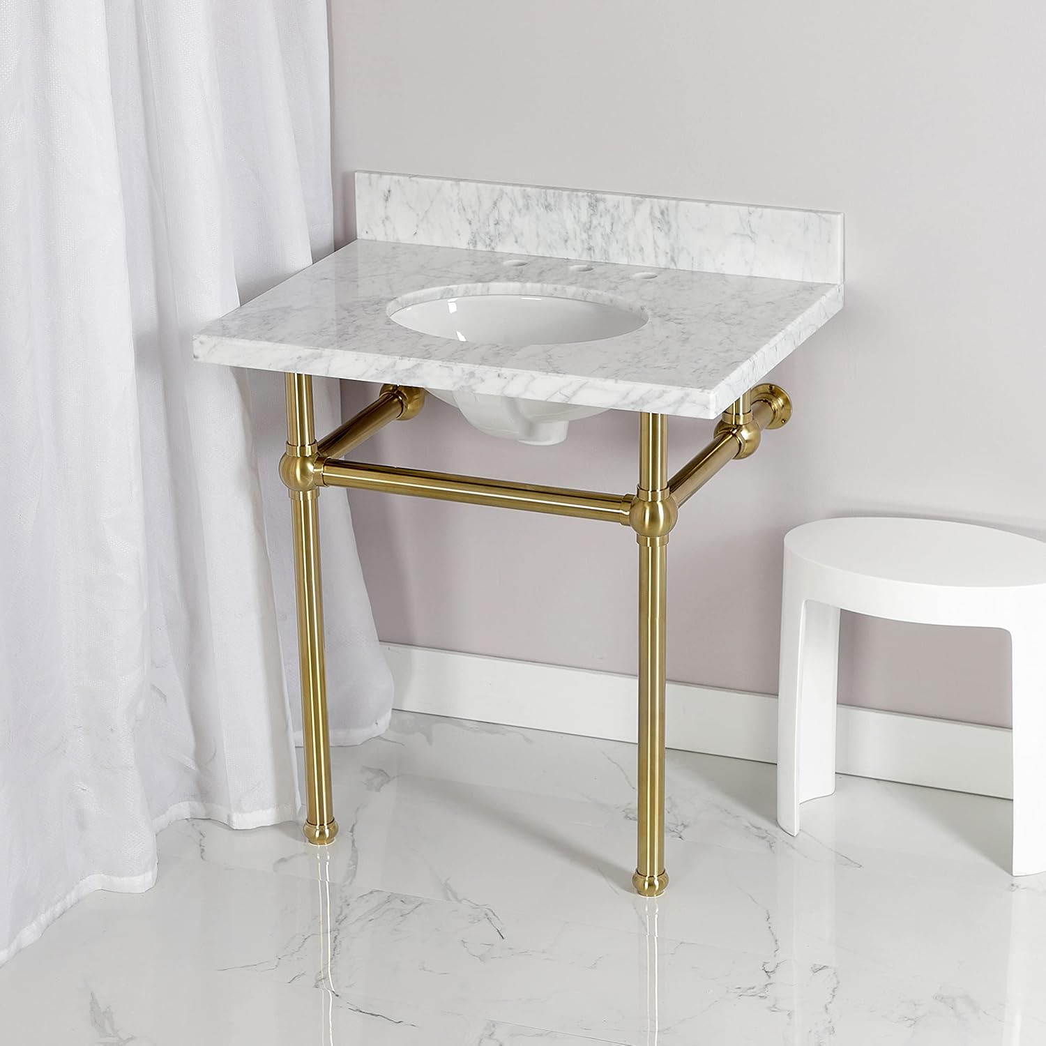 Fauceture KVPB3030MB7 Templeton Carrara Marble Bathroom Console Vanity with Brass Pedestal, Carrara Marble/Brushed Brass