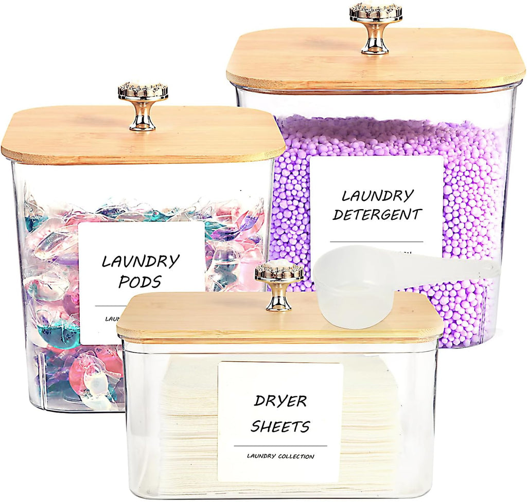 3 Pack Laundry Room Organization Storage Containers, Plastic Clear Laundry Pods Container & Dryer Sheet Holder Jars with Lids, Scoops & Labels for Detergent, Powder, Dryer Balls, Beads