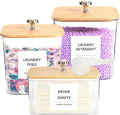 3 Pack Laundry Room Organization Storage Containers, Plastic Clear Laundry Pods Container & Dryer Sheet Holder Jars with Lids, Scoops & Labels for Detergent, Powder, Dryer Balls, Beads