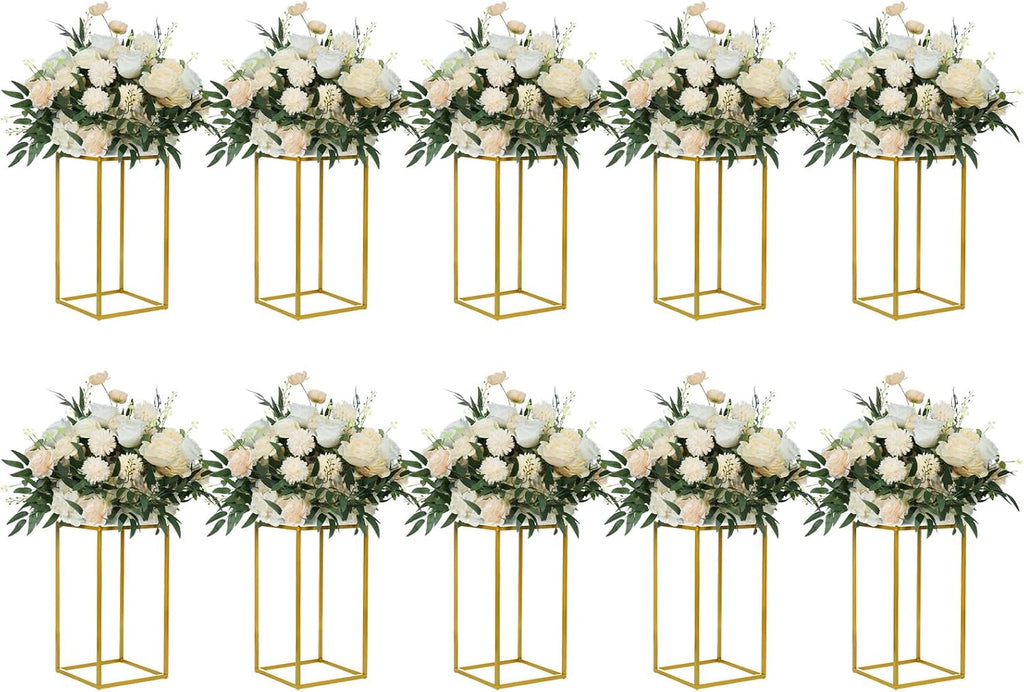 YALLOVE 10 Pcs 15.75" Gold Wedding Flower Stand Metal Vase Column Stand Geometric Centerpiece Vase for Home Party Wedding Decorations, Rectangular Flower Display Rack