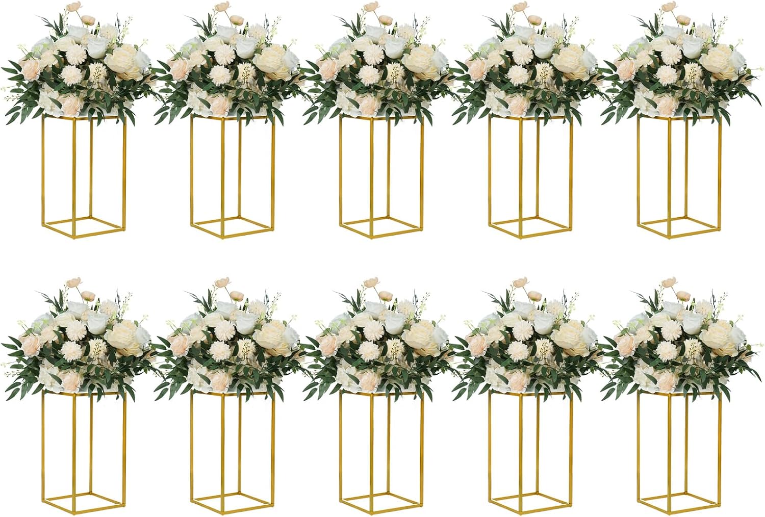 YALLOVE 10 Pcs 15.75" Gold Wedding Flower Stand Metal Vase Column Stand Geometric Centerpiece Vase for Home Party Wedding Decorations, Rectangular Flower Display Rack