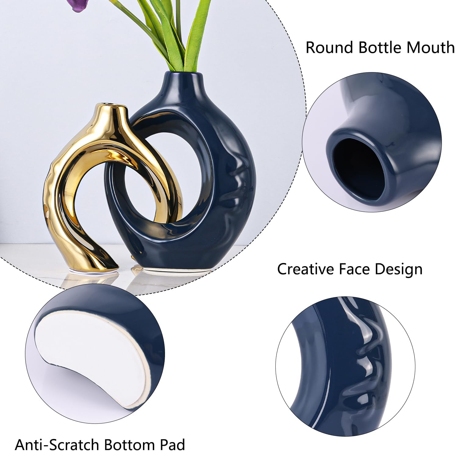 LCCCK Blue and Gold Ceramic Vases for Home Decor, Boho Vase for Flowers Pampas Grass Decorative, Navy Blue Hollow Donut Small Vase for Living Room Table Wedding Centerpiece Modern Vases