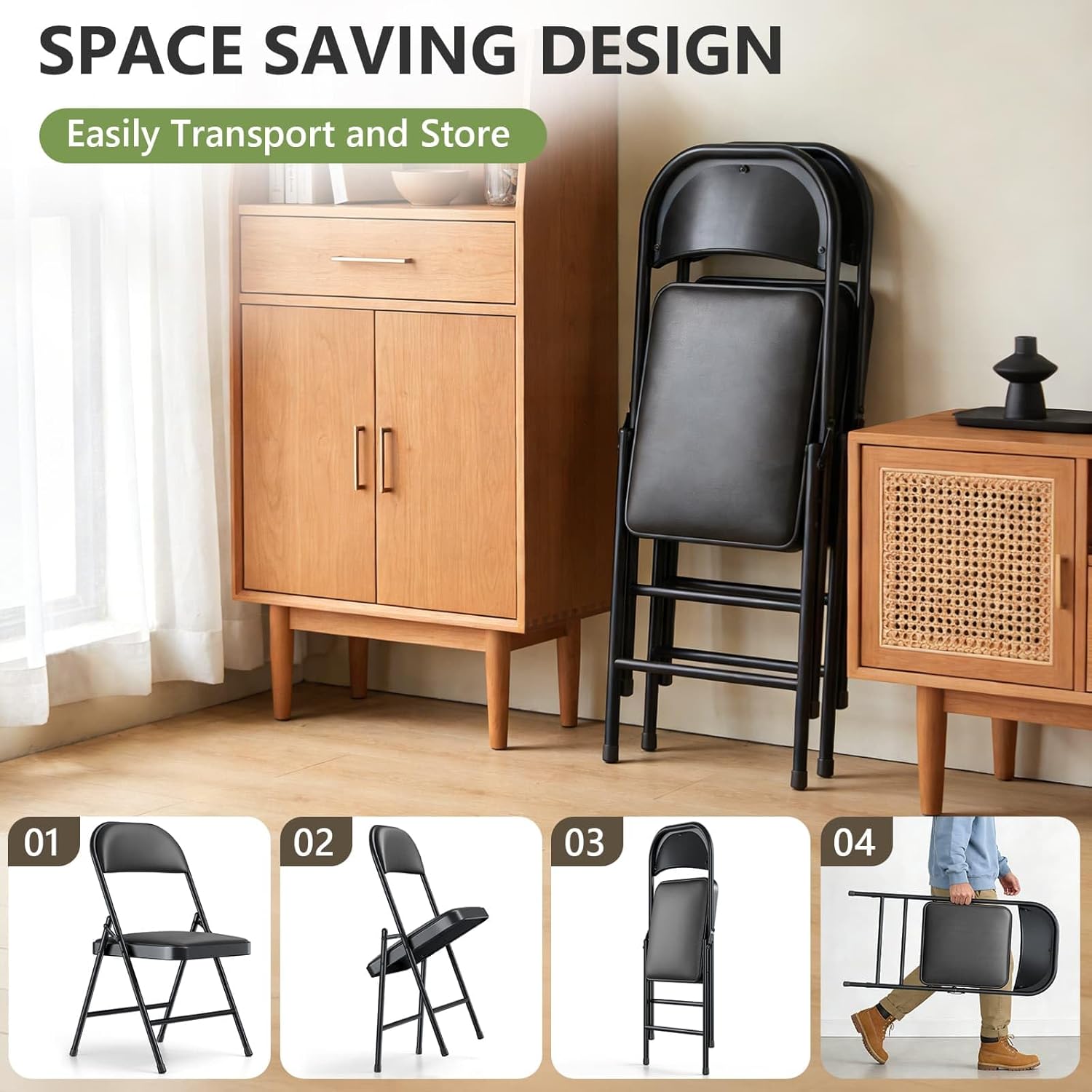 Folding Chairs 4 Pack,350 lbs Heavy Duty Metal Frame Folding Chairs with PU Leather Cushion, Ergonomic Foldable Chair with Non-Slip Feet, Portable Stackable Seating for Wedding Camping Events-Black