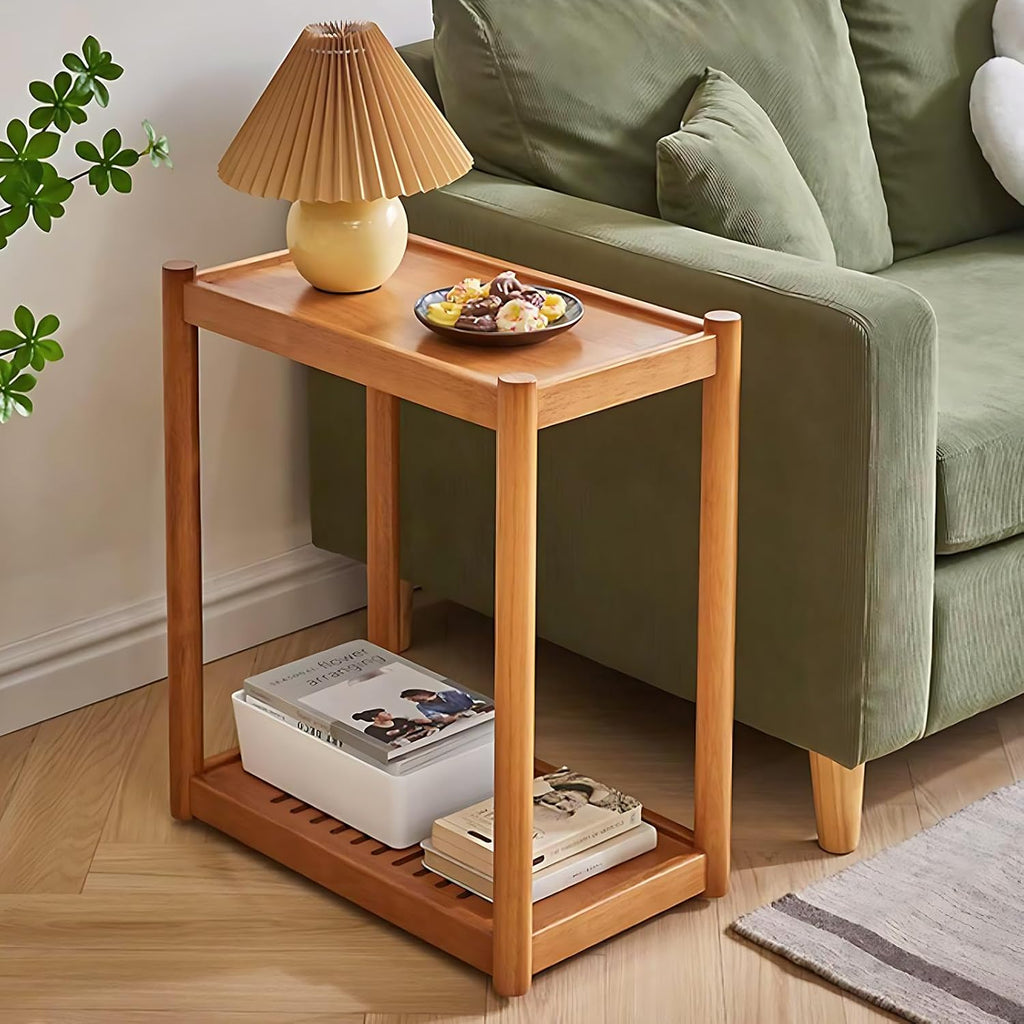 Side Table, Solid Wood Narrow End Table with Storage Shelf and Wheels, 2-Tier Sofa Table for Living Room, Rubber Wood Indoor Plant Stand, 26.8 H x 11.8 W x 19.7 D Inches (Natural)