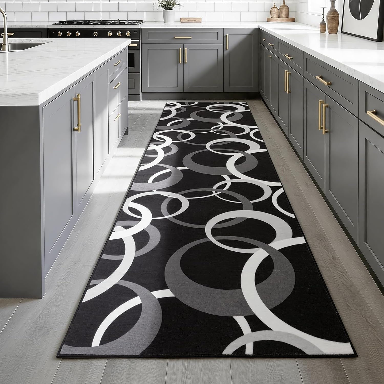 YIHOUSE Washable 2x8 Hallway Runner Rug Non Slip, Black and White 8ft Rug Runners for Bathroom Kitchen Non Skid, Geometric Circle Modern Carpet Runner for Entryway Bedroom