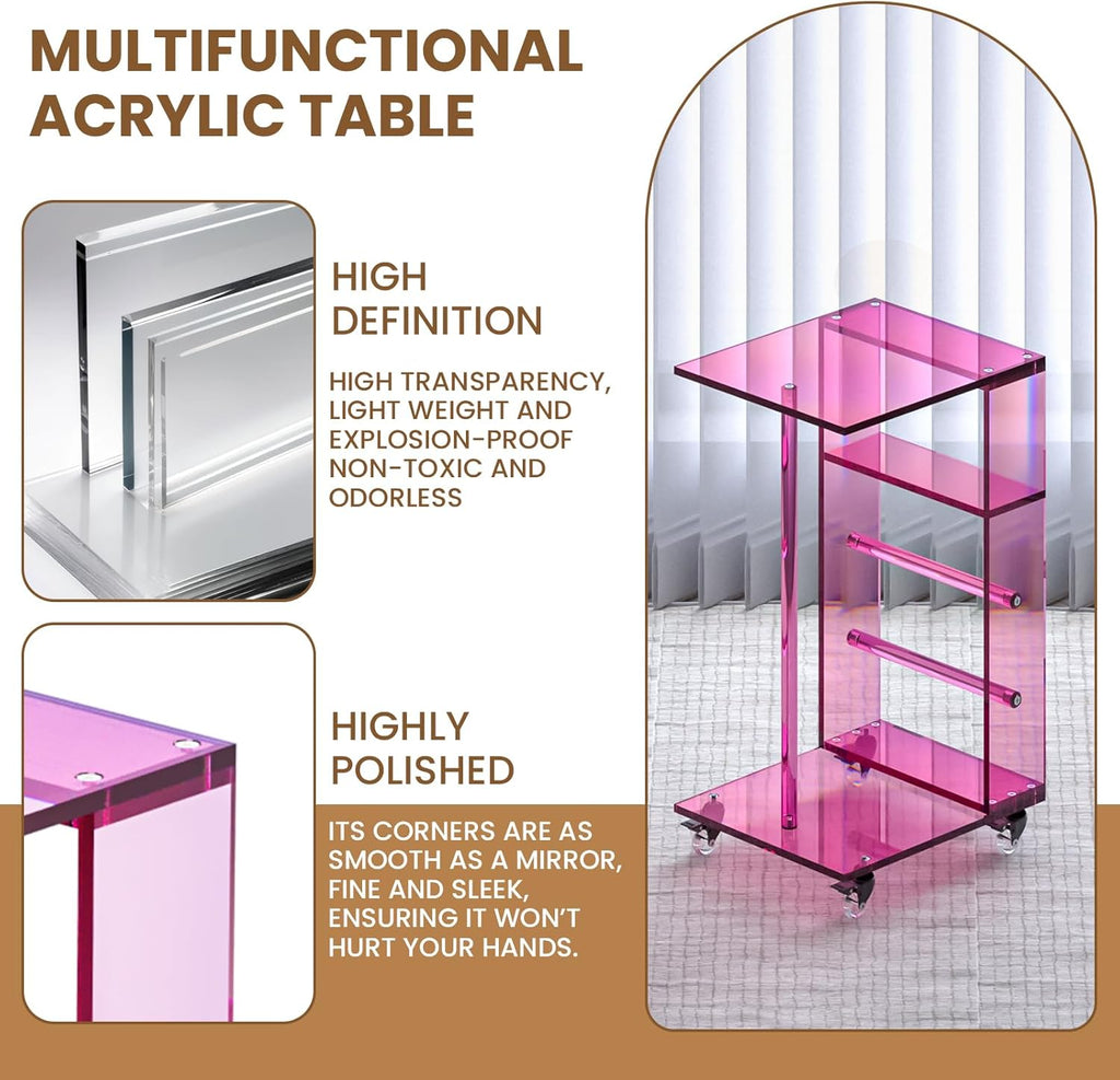 Dethan Clear Acrylic C Shaped Side Table with Wheels – Small Modern End Table, Rolling Coffee Snack Table for Living Room, Bedroom, Sofa, Bedside, Pink