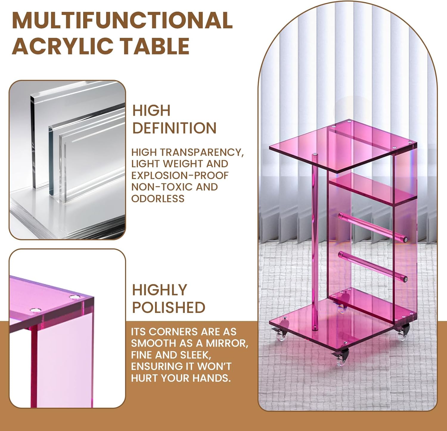 Dethan Clear Acrylic C Shaped Side Table with Wheels – Small Modern End Table, Rolling Coffee Snack Table for Living Room, Bedroom, Sofa, Bedside, Pink
