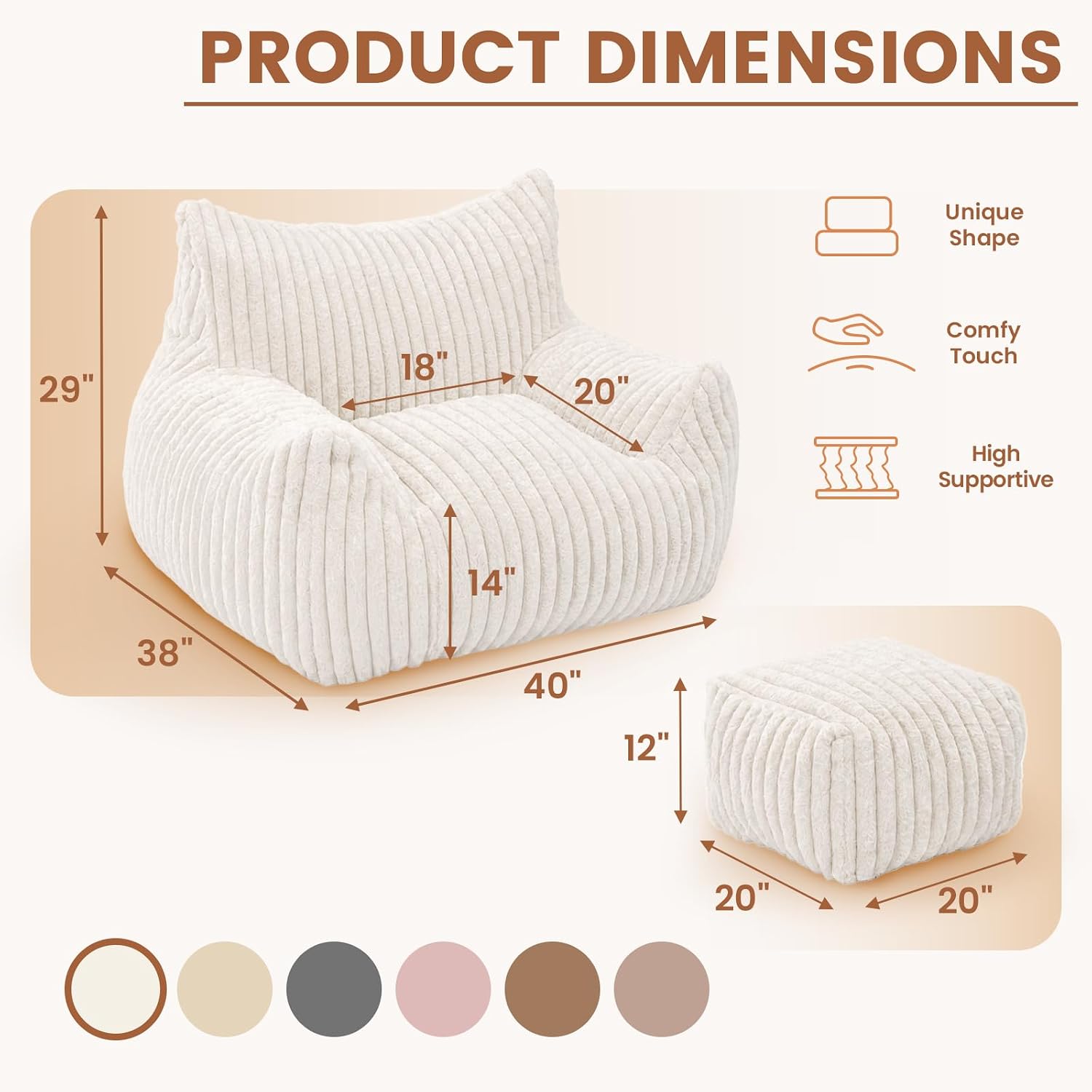 Giant Plush Bean Bag Chairs for Adults & Kids, Large Comfy Reading Chair for Bedroom with Ottoman Footrest, Accent Chairs for Living Room, Cozy Fluffy Single Cloud Couch,White