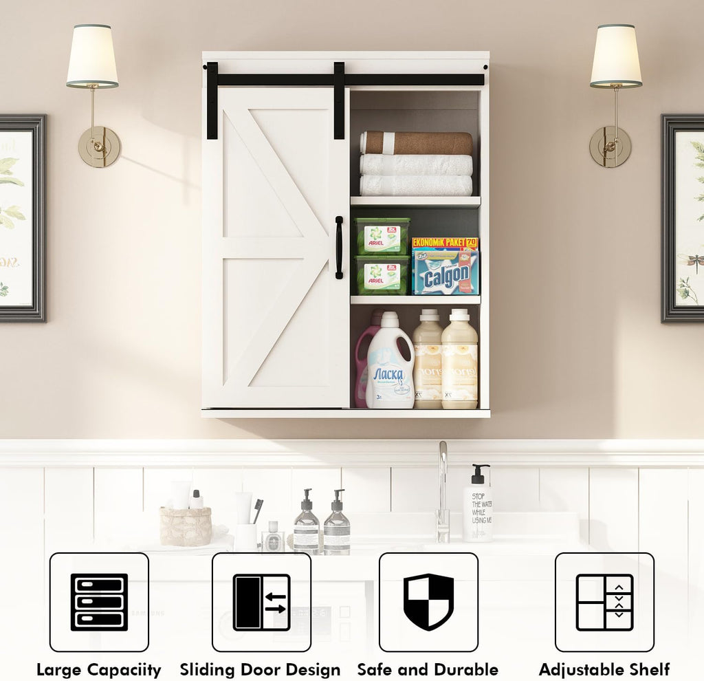 RUSTOWN Farmhouse Wood Wall Storage Bathroom Cabinet with Sliding Barn Door, Rustic Medicine Cabinet with Adjustable Shelf, 3-Tier Vintage Cabinet for Kitchen, Bathroom, Living Room (Vintage White)