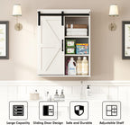 RUSTOWN Farmhouse Wood Wall Storage Bathroom Cabinet with Sliding Barn Door, Rustic Medicine Cabinet with Adjustable Shelf, 3-Tier Vintage Cabinet for Kitchen, Bathroom, Living Room (Vintage White)