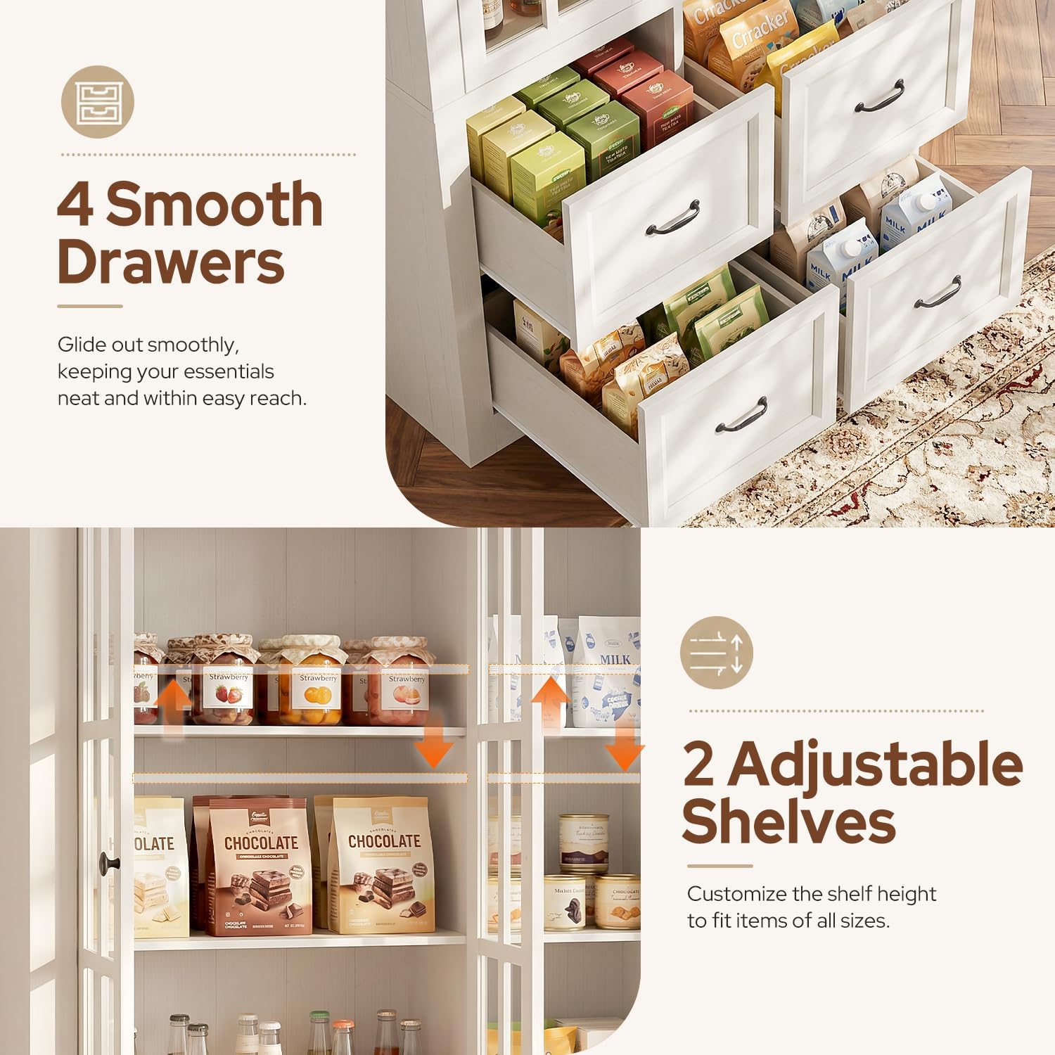 80" Modular Kitchen Pantry Cabinet, 2-in-1 Freestanding Tall Pantry Cabinet with Glass Doors & Adjustable Shelves, Large Hutch Storage Cabinet for Kitchen & Living Room (2, White, AB)