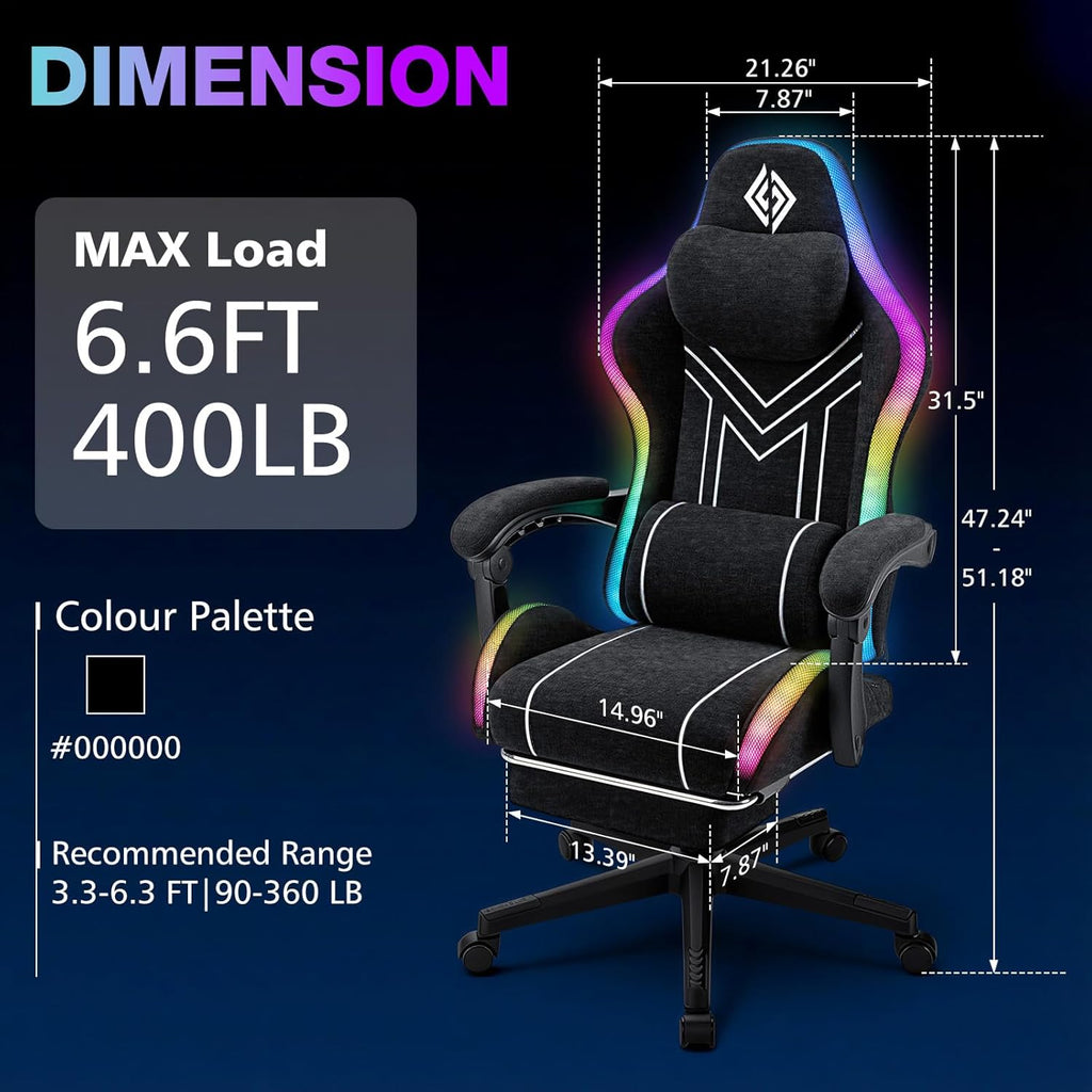 HOFFREE RGB Gaming Chair with Music Rhythm LED Lights and Bluetooth Speakers Fabric Ergonomic Game Chair 155° Reclining Computer Chair with Footrest Video Game Chairs for Adults Gaming & Office Black