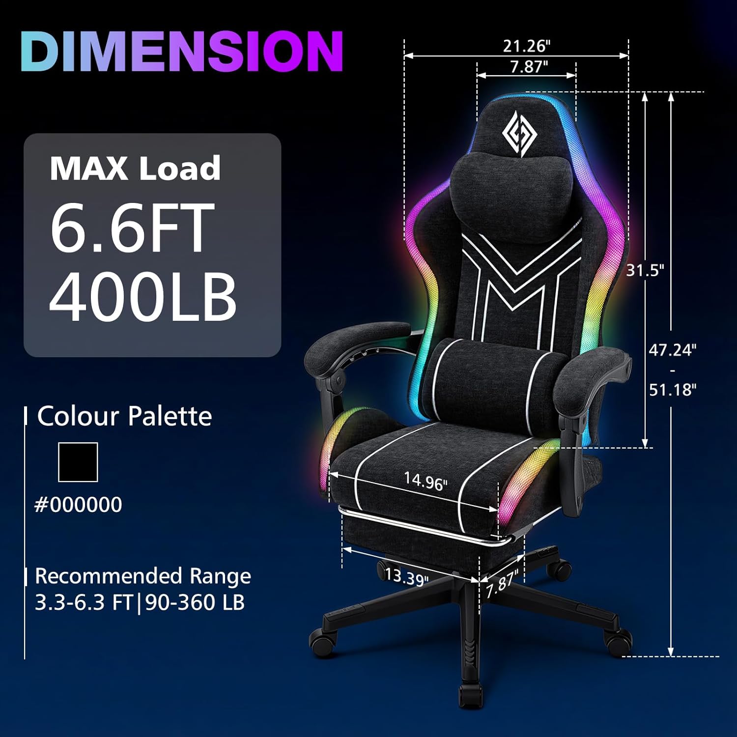 HOFFREE RGB Gaming Chair with Music Rhythm LED Lights and Bluetooth Speakers Fabric Ergonomic Game Chair 155° Reclining Computer Chair with Footrest Video Game Chairs for Adults Gaming & Office Black