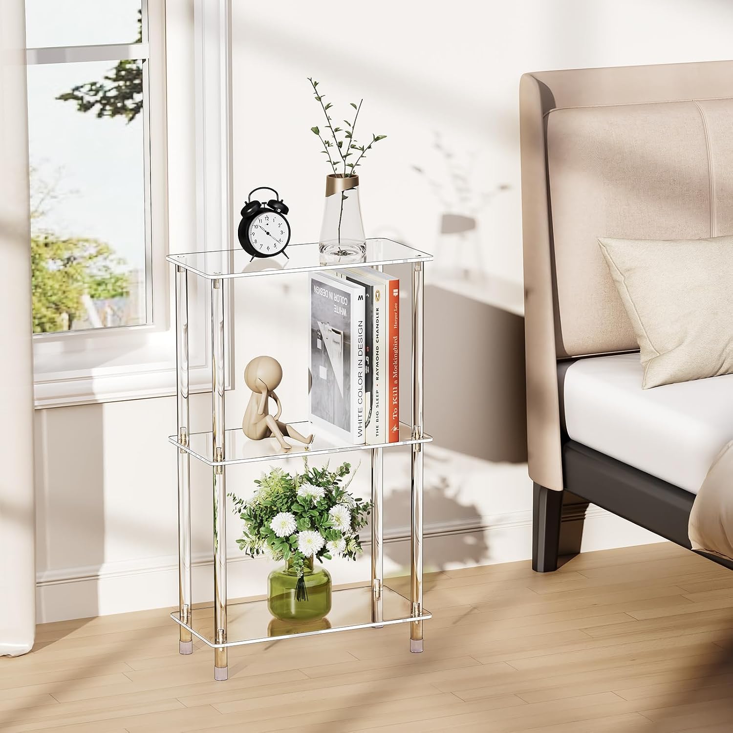 Clear Acrylic Narrow Side Table for Small Spaces, 15.75" L x 7.87" W x 26.7" H, 3 Tier Rectangle Slim End Table Nightstand, Small Mini Skinny Bedside Table for Bedroom, Bathroom, Living Room
