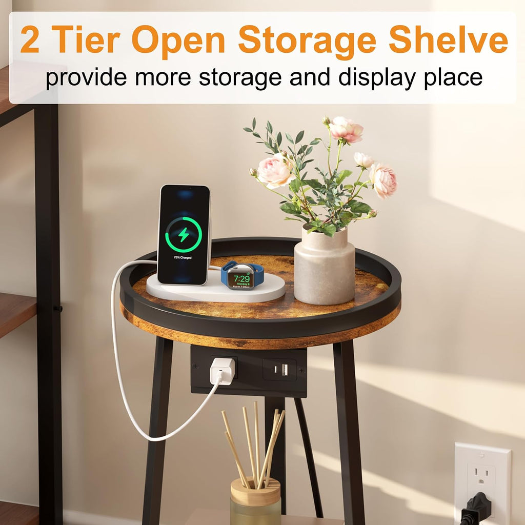 Industrial Round End Table with Charging Station,2-Tier Side Table with AC Outlet & USB Port, Sofa Side Table with Storage Shelf for Small Spaces, Living Room, Bedroom, Rustic Brown & Black