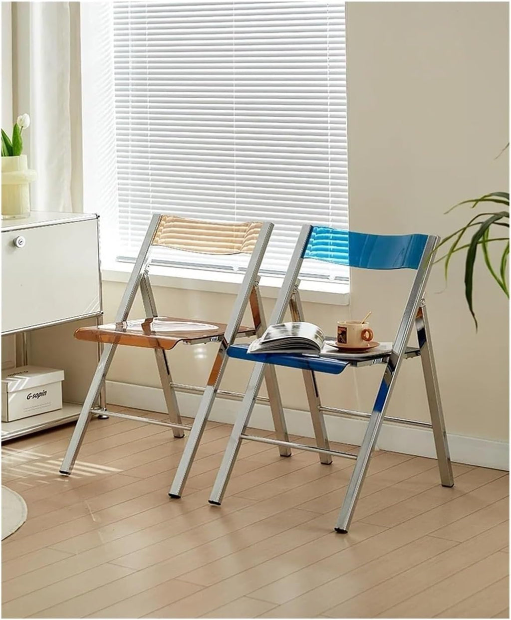 Transparent Folding Chair with Metal Frame with Backrest Plating Stool for Outdoor/Indoor Living Room Bedroom Makeup(Grey)