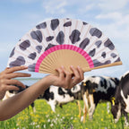 FISURA Wooden Hand Fan with Eye-catching Black and White Cow Pattern Original Stylish Accessory Portable Handheld Fan with Handy Hanger Dimensions: 42.5 x 23 cm