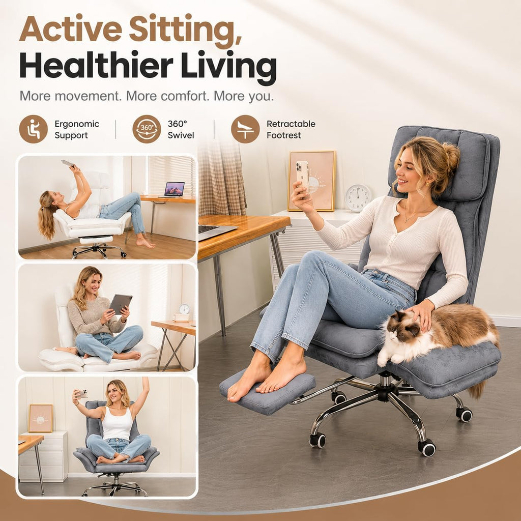 Big and Tall Office Chair with Footrest, Teddy Fleece Ergonomic Desk Chair with Flip Armrests for Pets & Cross-Legged Sitting, Wide Seat Reclining Executive Computer Chair for Home Office, Grey