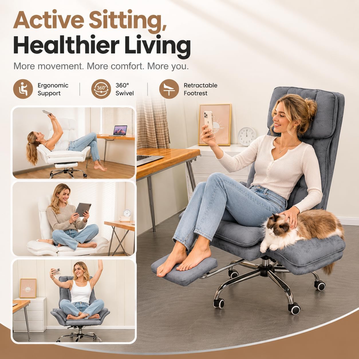 Big and Tall Office Chair with Footrest, Teddy Fleece Ergonomic Desk Chair with Flip Armrests for Pets & Cross-Legged Sitting, Wide Seat Reclining Executive Computer Chair for Home Office, Grey
