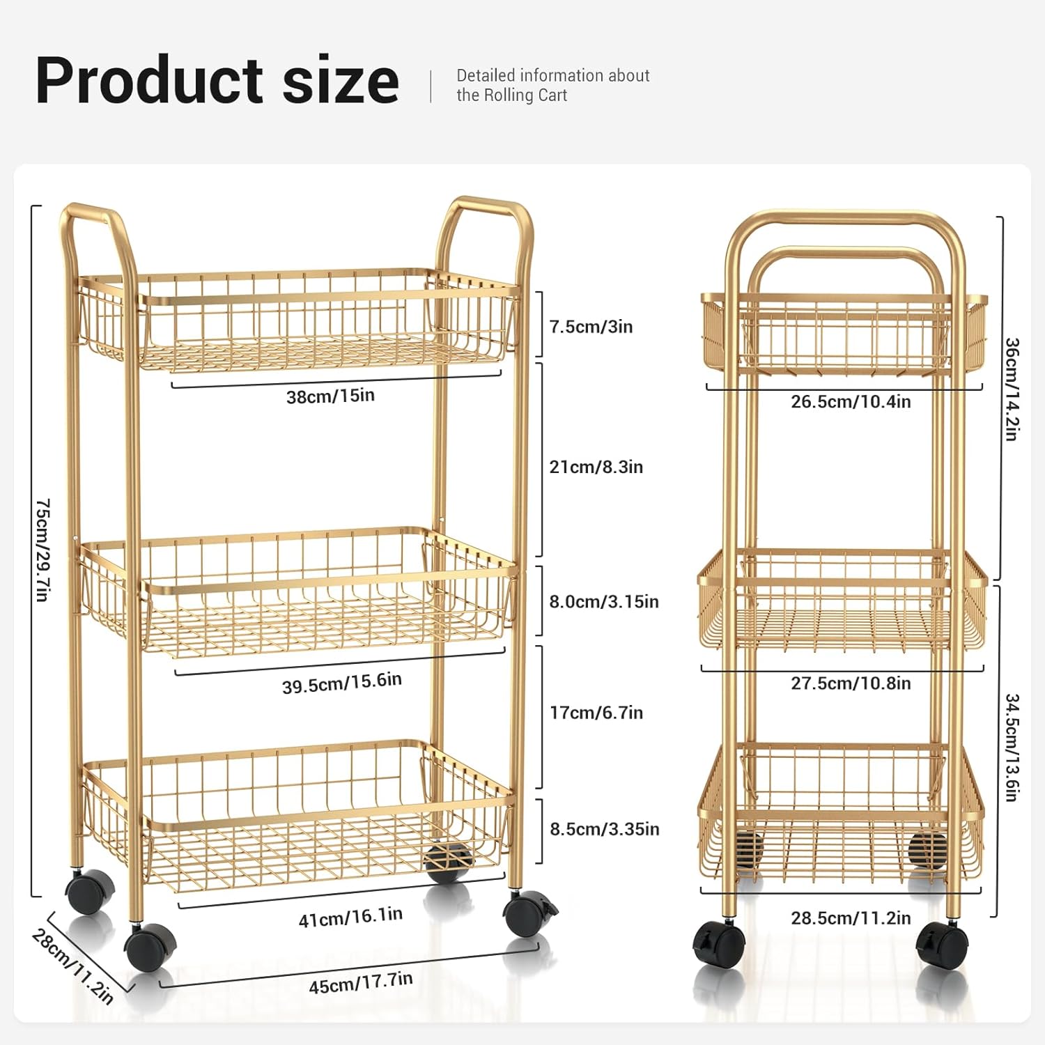 3 Tier Rolling Utility Cart, Storage Trolley Service Cart with Wheels Easy Assembly for Kitchen, Living Room, Office, Salon, Gold | Storage Trolley Service Cart with Lockable Wheels, Easy Assembly for Kitchen, Living Room, Office, Salon, Dorm