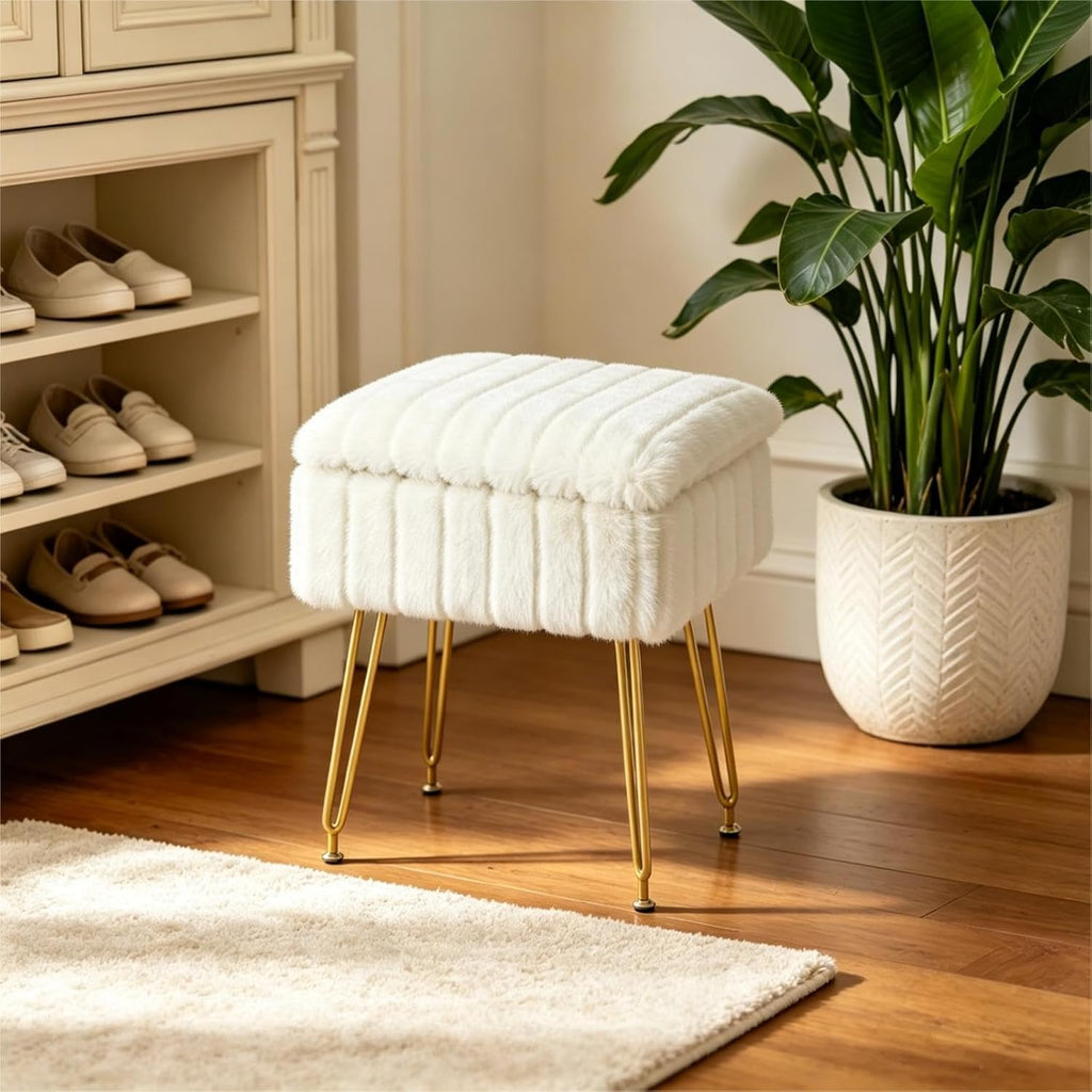 FUXA Vanity Stool Chair with Storage, White Faux Fur Makeup Chair with 4 Metal Legs and Anti-Slip Feet, Soft Padded Seat, Small Footrest Footstool Ottoman, Multifunctional Stool for Bedroom