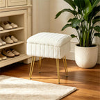 FUXA Vanity Stool Chair with Storage, White Faux Fur Makeup Chair with 4 Metal Legs and Anti-Slip Feet, Soft Padded Seat, Small Footrest Footstool Ottoman, Multifunctional Stool for Bedroom