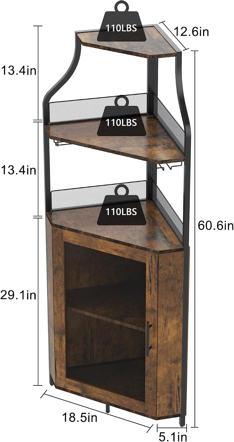 Amyove Corner Wine Bar Cabinet with Detachable Wine Rack, Industrial Wine Cabinet with Glass Holder, Small Sideboard and Liquor Coffee Bar Cabinet with Mesh Door, ‎Retro Brown