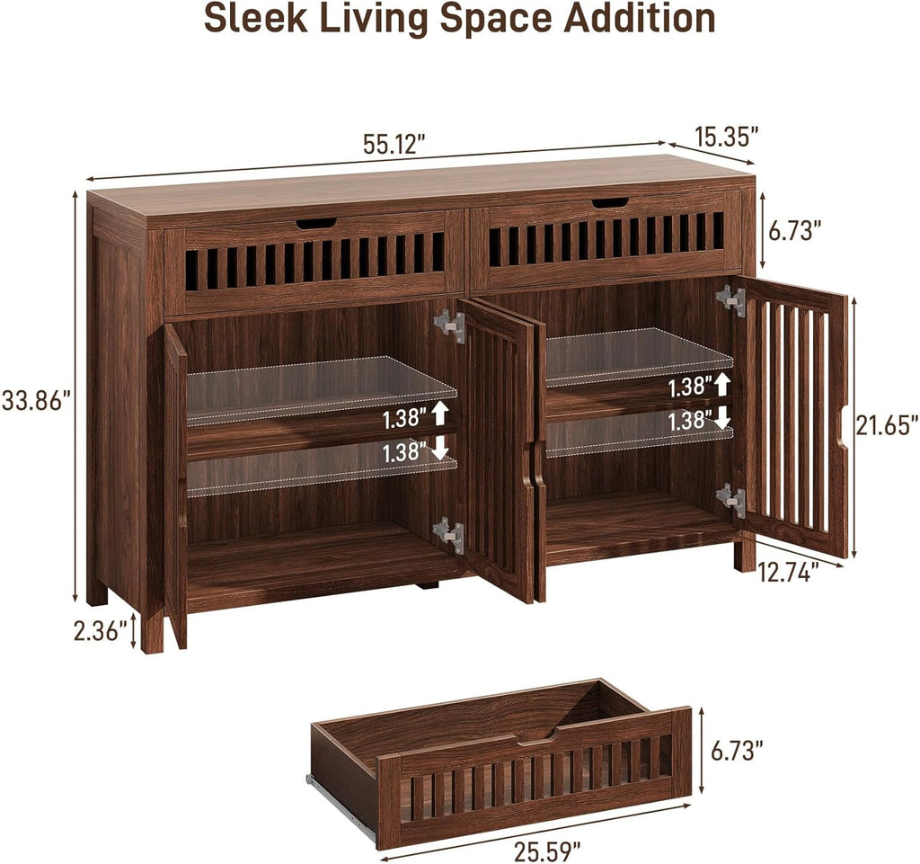 Vabches Modern Sideboard Cabinet with 4 Doors & 2 Drawers, Wood Buffet Cabinet with Storage for Dining & Living Room, Brown