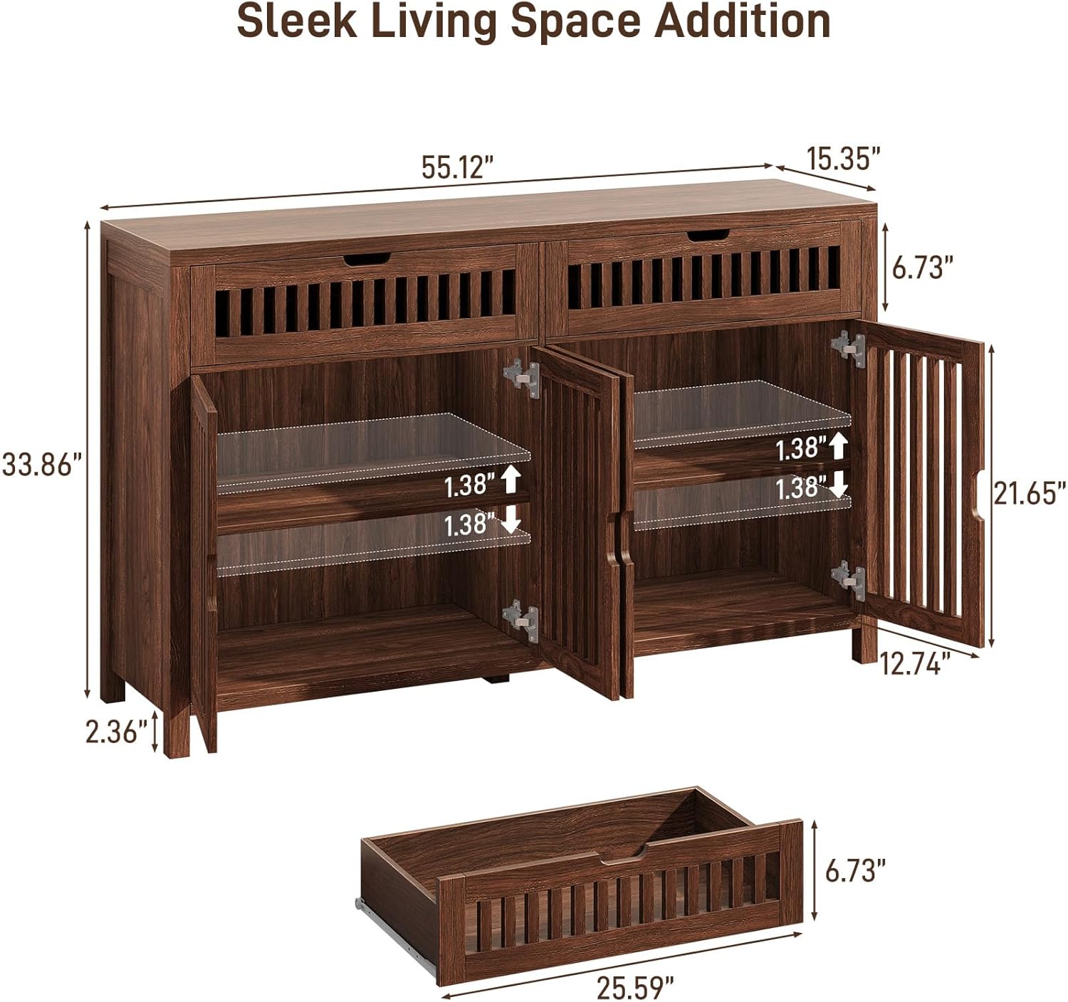 Vabches Modern Sideboard Cabinet with 4 Doors & 2 Drawers, Wood Buffet Cabinet with Storage for Dining & Living Room, Brown