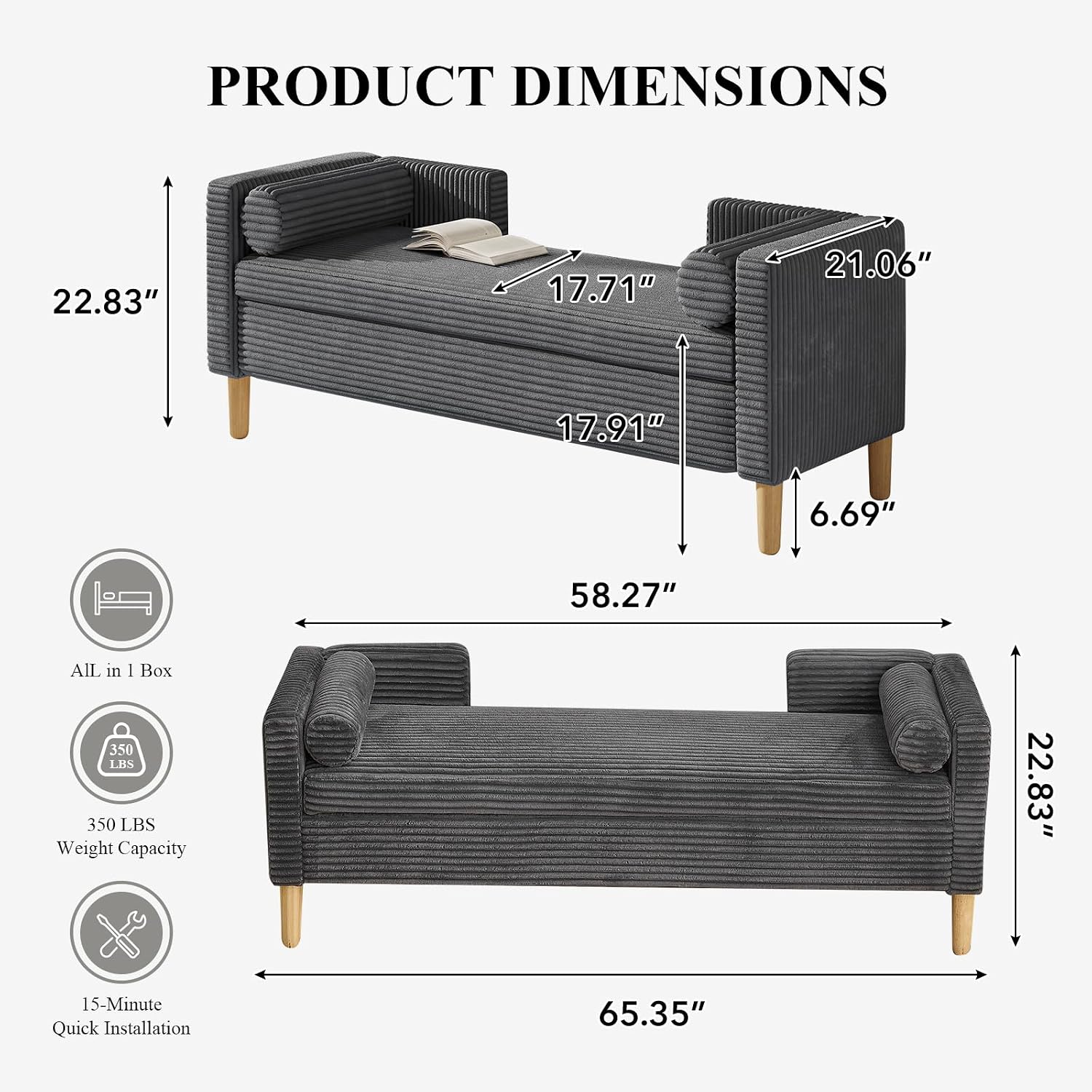 65.35" Storage Bench, Corduroy Upholstered End of Bed Bench with Bolster Pillows, Modern Storage Bench with Natural-Patterned Wooden Legs, Comfy Entryway Bench for Entryway (Charcoal)