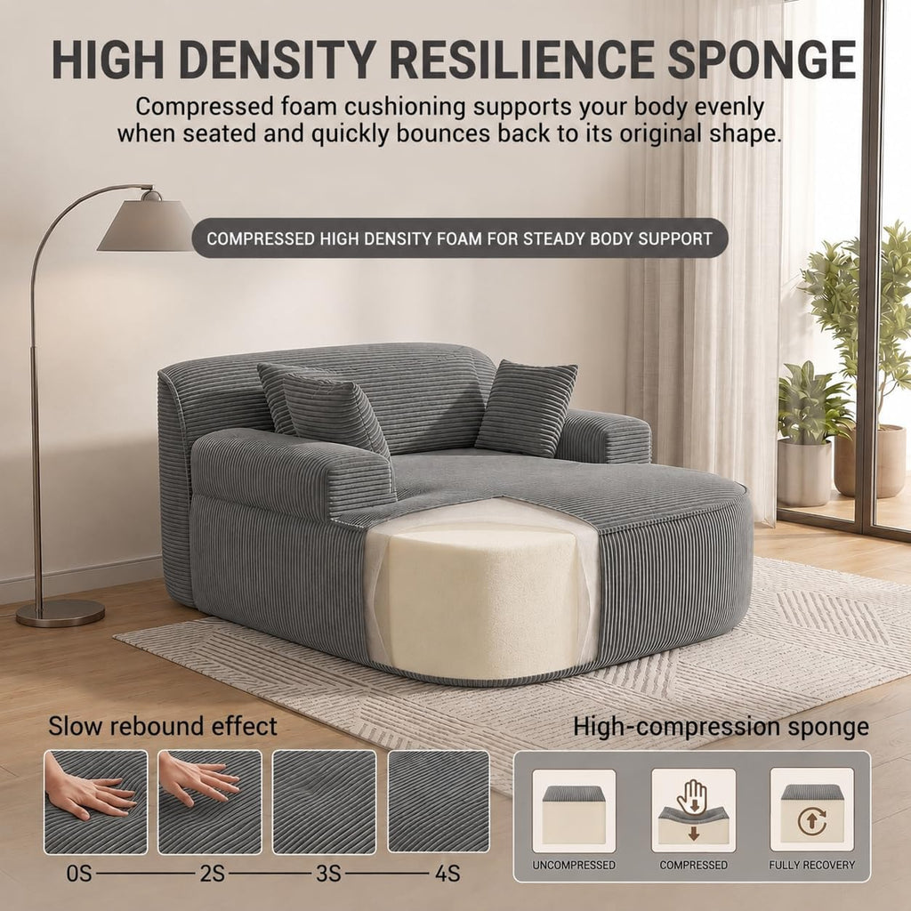 Oversized Chaise Lounge Chair Indoor, Boneless Couch Cloud Chair with 3 Comfy Pillows, Corduroy High-Density Foam Reading Chair, Wide Arms Bed Sleeper Sofa for Living Room Bedroom Relaxing