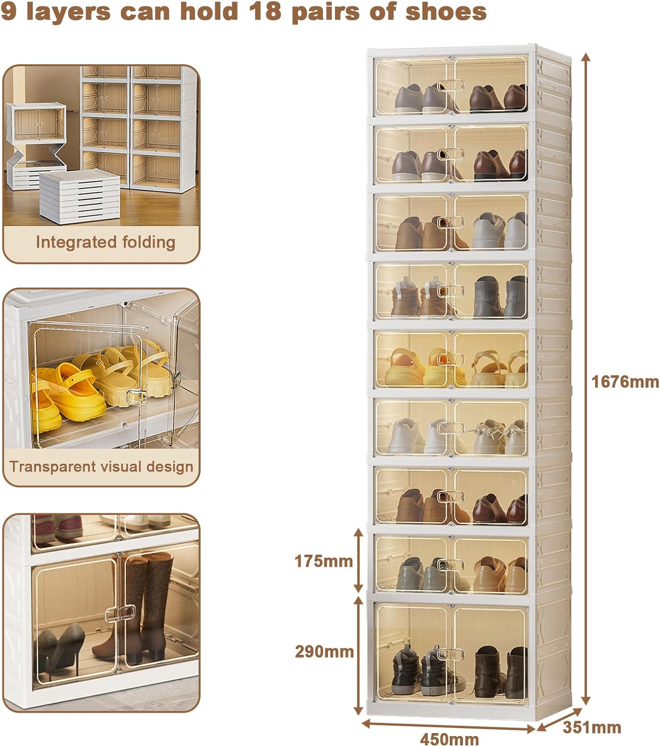 CuisinSmart 9-Tier Foldable Shoe Rack Organizer for Closet,Stackable Sneaker Storage Boxes with Door,Easy Assembly,Plastic Boot Organizer Boxes for Hallway,Living Room,Closet