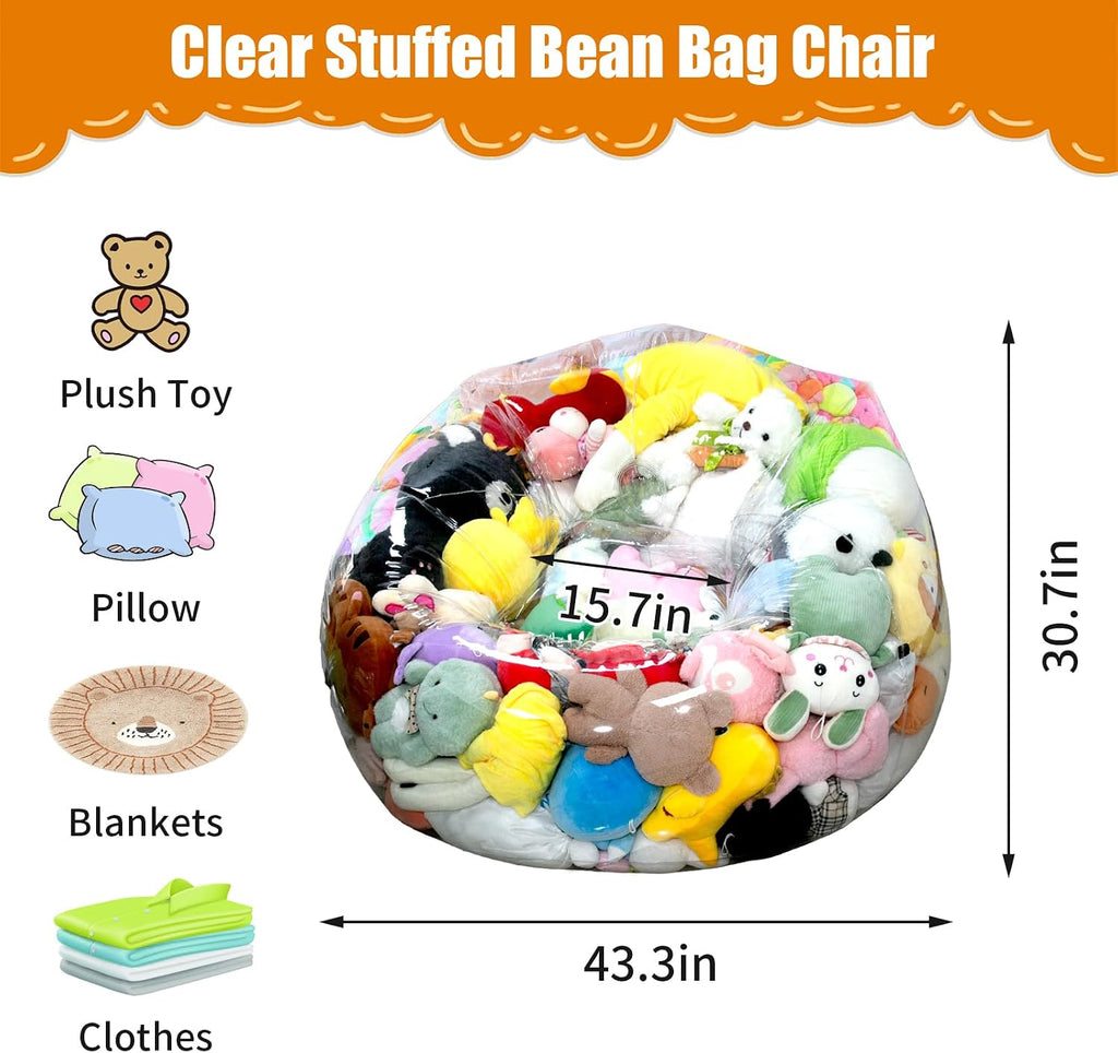 Clear Stuffed Animal Storage Bean Bag Chair Cover for Kids with Zipper | Transparent Waterparoof Wipe Clean Thicker PVC, Holds 100+ Stuffed Animals, Double Zipper for Plush Toys Storage & Organizing