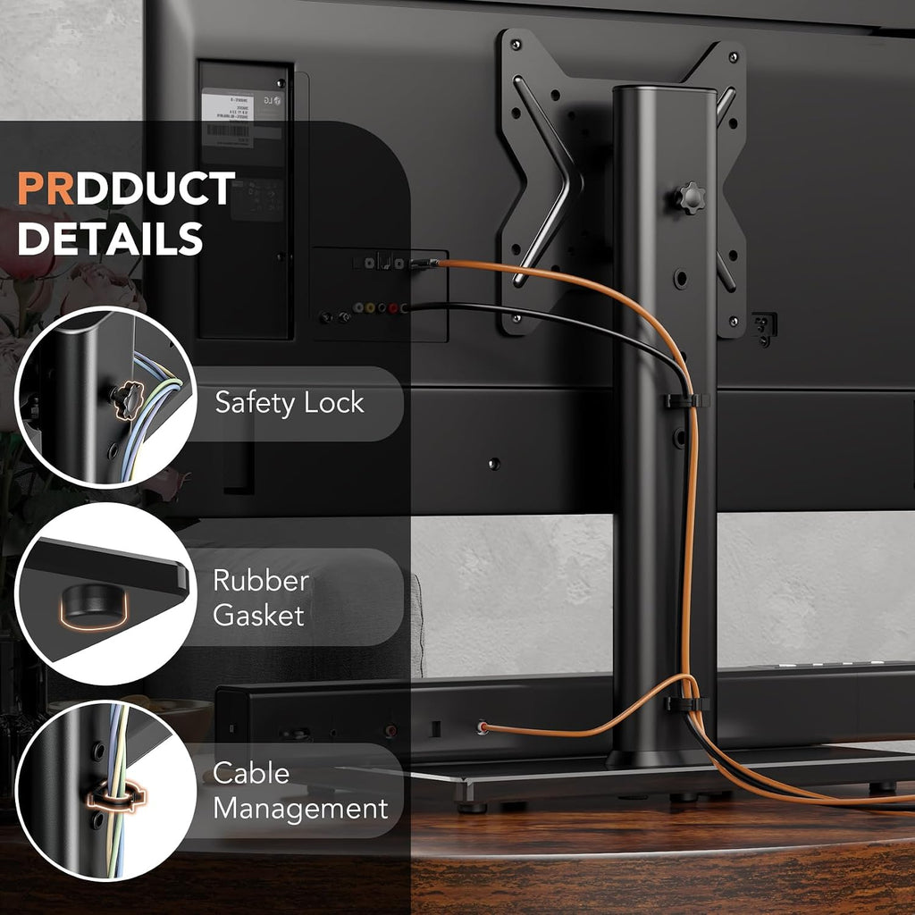 Universal Swivel TV/Table Top TV Stand for 19 to 43 inch TVs with 90 Degree Swivel, 4 Level Height Adjustable, Heavy Duty Tempered Glass Base, Holds up to 99LBS HT02B-001