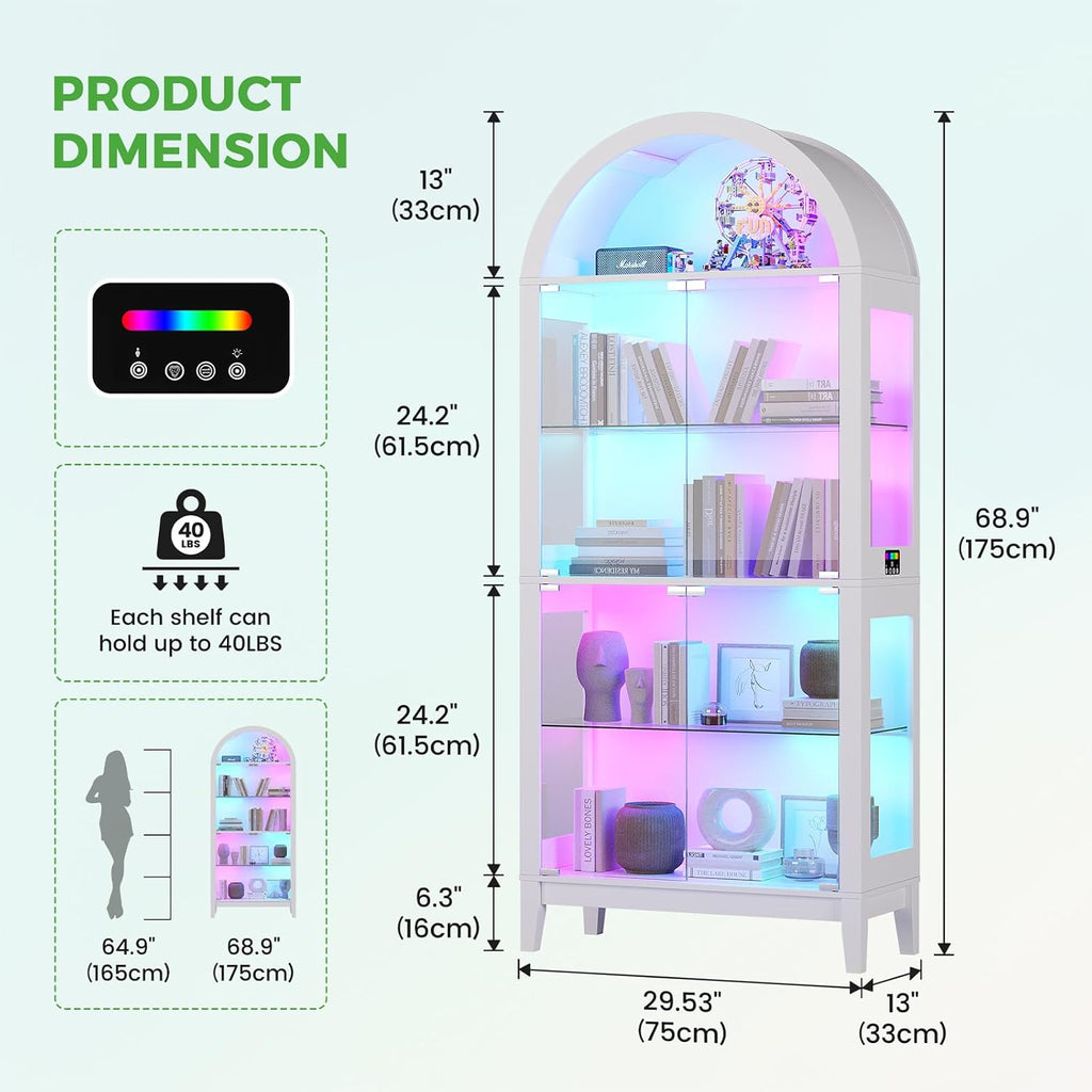 HNEBC Arched Display Case with RGB Lights, 69" Tall 5-Tier Tempered Glass Display Cabinet with Doors, LED Curio Cabinet with Shelf, Bookcase with Music-Synced Lighting for Living Room(White)