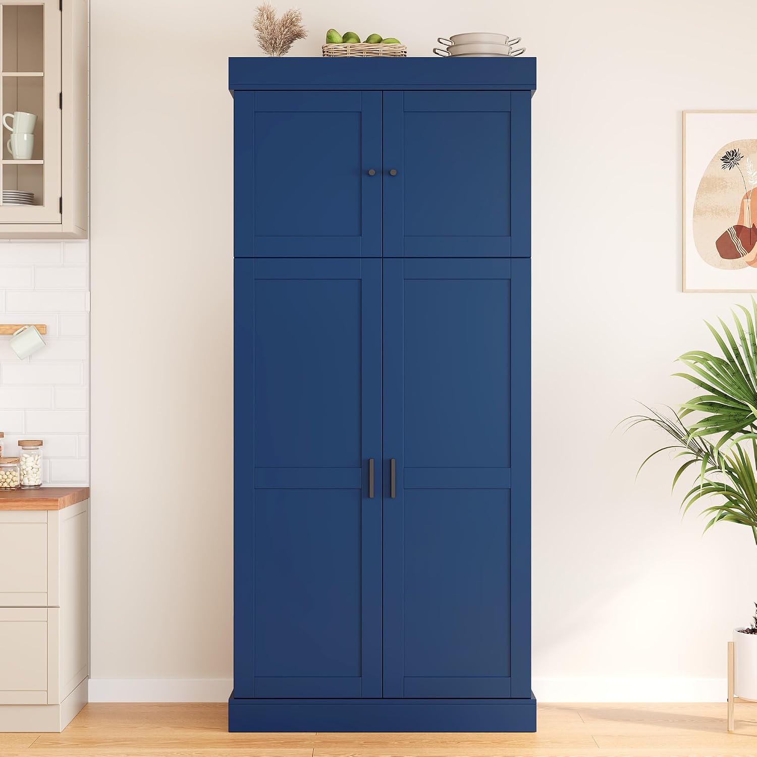Merax 77''Tall Freestanding Kitchen Pantry,Farmhouse Tall Storage Cabinet with 2 Standard Plugs and 2 USB Ports,Wood Food Pantry with Adjustable Shelves,Door Shelves, Drawers and Wine Racks,Blue
