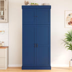 Modern Shaker Style Kitchen Pantry, 77'' Tall Freestanding Cupboard with Adjustable Shelves, Door Shelves, 3 Drawers and Wine Racks, Versatile Pantry Cabinet with Storage for Dining Room, Blue