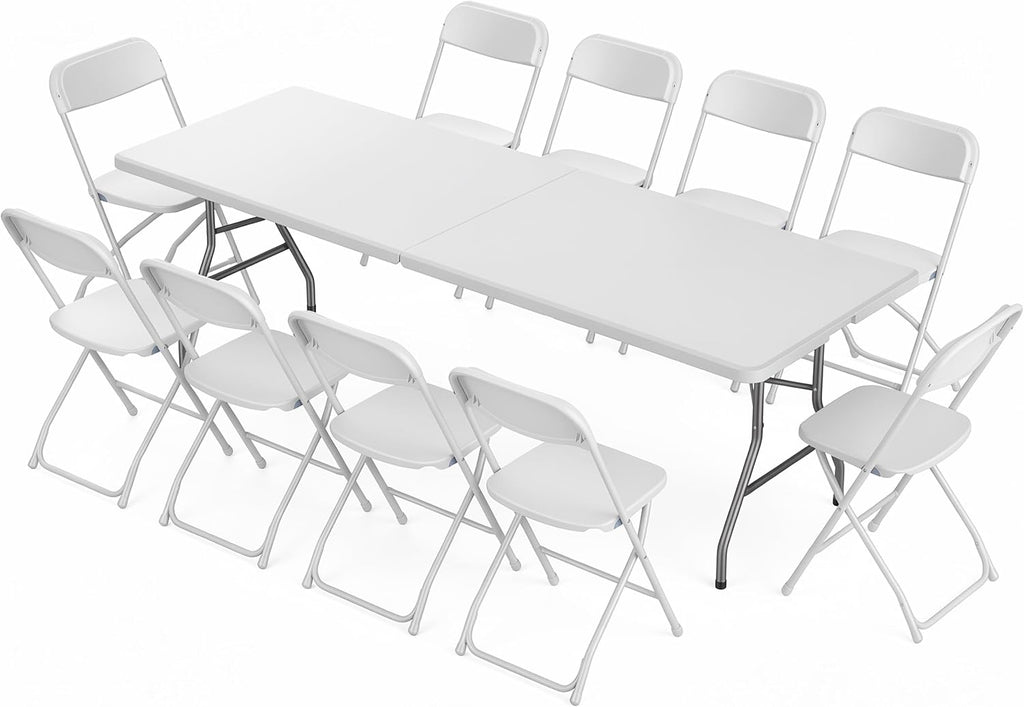 Sweetcrispy 8 FT Folding Picnic Table with 10 White Folding Chairs, Easy to Fold and Store, Foldable Table for Camping Picnic Dining Party Kitchen Outdoor Indoor with Carrying Handle