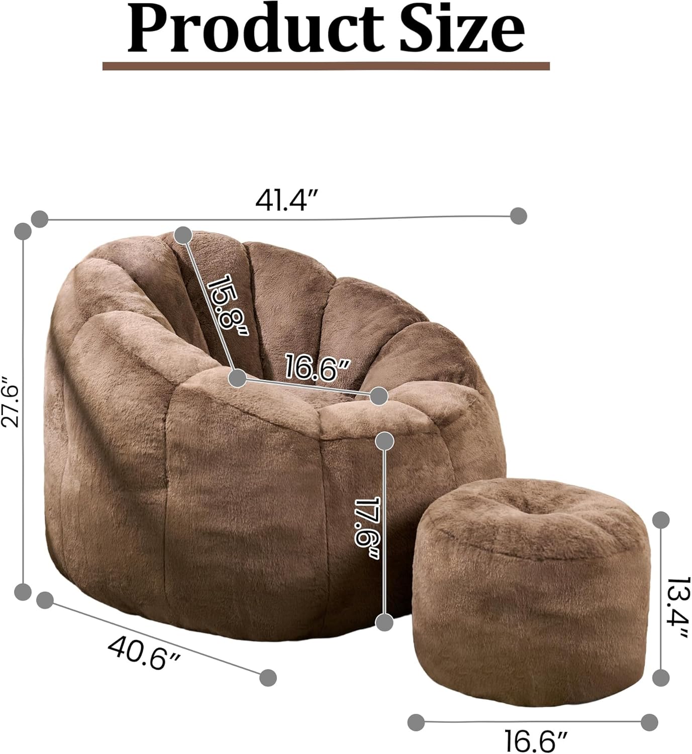 Bean Bag Chair, Bean Bag Chair with Ottoman, Stuffed Bean Bag Chairs with Filler, Big Beanbag Chairs with Filling for Living Room (Faux Fur in Brown, 40.6" D×41.4" W×27.6" H)