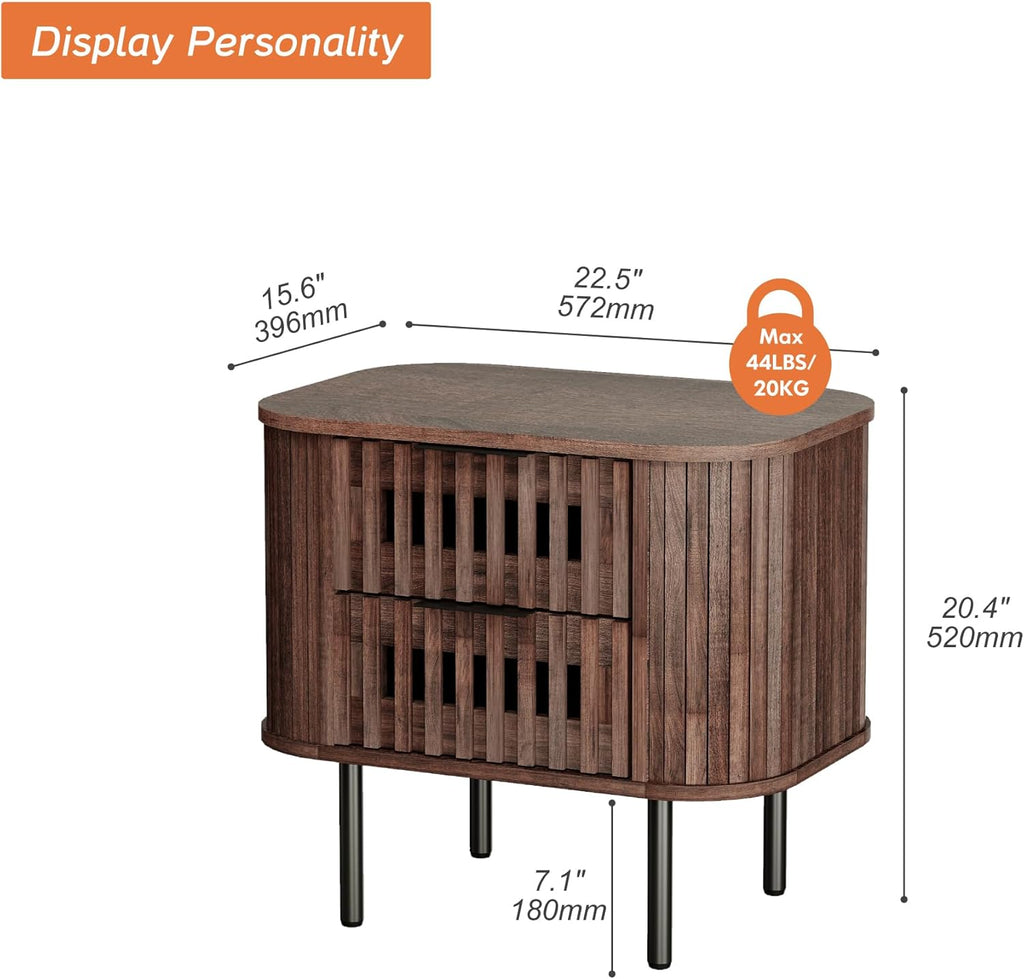 WAMPAT Fluted Nightstand, Modern Wooden End Table with 2 Drawer, Storage Bedside Table for Bedroom and Living Room