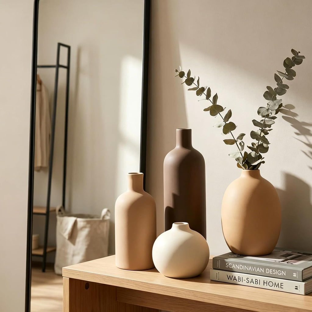 Neutral Boho Ceramic Decorative Vase Set, Modern Matte Minimalist Vases for Shelf, Coffee Table, Living Room & Fireplace Mantel Decor
