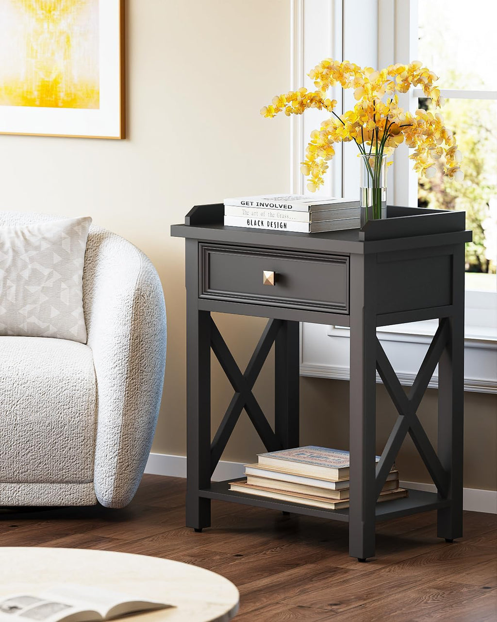 karlott 28" Nightstand with Charging Station, Solid Wood Night Stand with Pre-Assembled Drawer, Painted Bedside Table with Storage Shelf, Farmhouse End Side Table for Bedroom, Living Room, Black