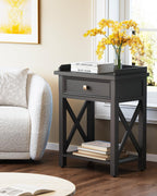 karlott 28" Nightstand with Charging Station, Solid Wood Night Stand with Pre-Assembled Drawer, Painted Bedside Table with Storage Shelf, Farmhouse End Side Table for Bedroom, Living Room, Black