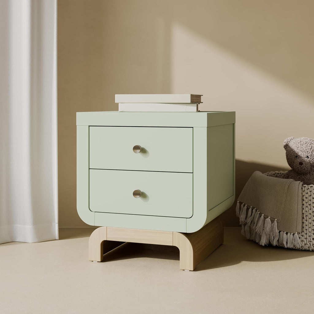 Storkcraft Santorini 2 Drawer Nightstand, Sage & Driftwood | GREENGUARD Gold Certified Nightstand for Kids Bedroom, Premium Wood with Curved Base, “Champagne” Metal Knobs