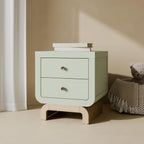 Storkcraft Santorini 2 Drawer Nightstand, Sage & Driftwood | GREENGUARD Gold Certified Nightstand for Kids Bedroom, Premium Wood with Curved Base, “Champagne” Metal Knobs