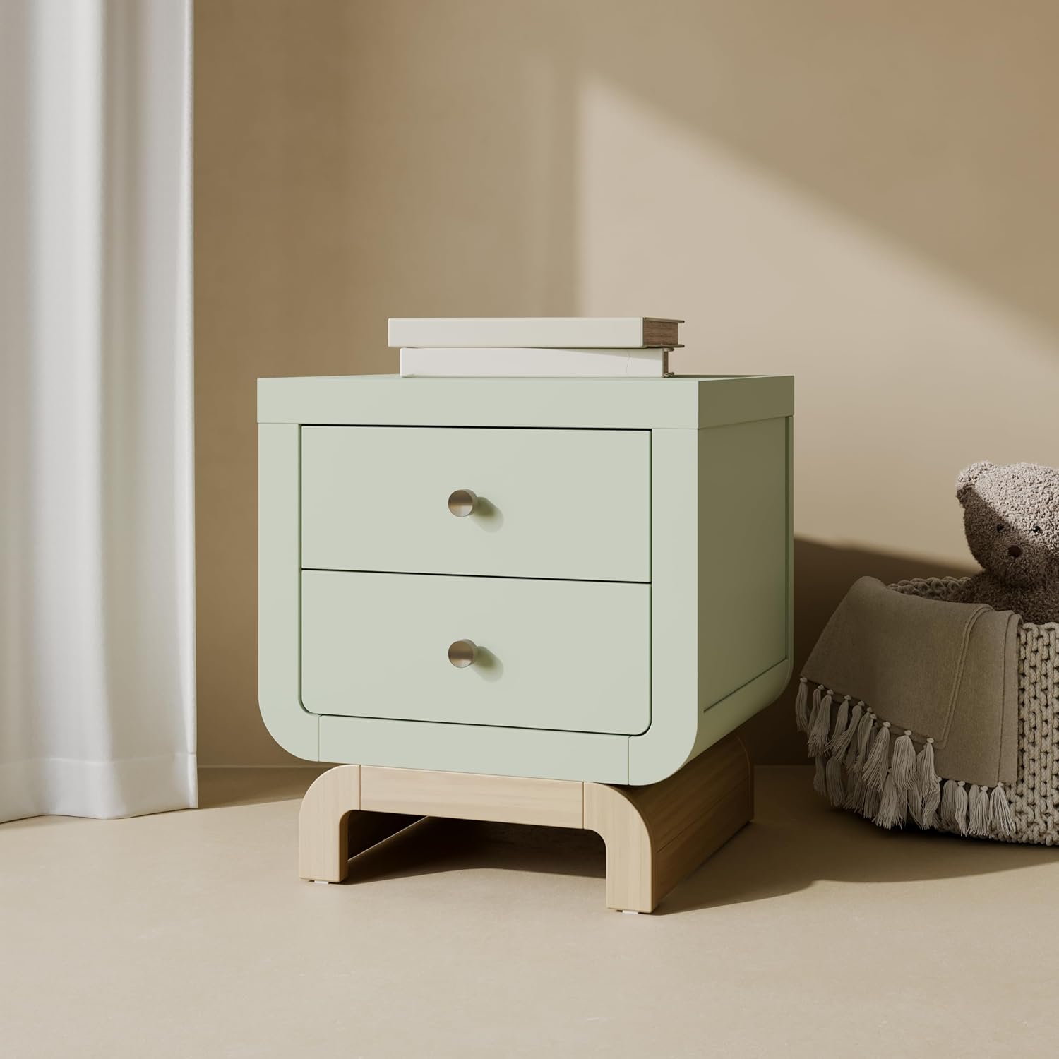 Storkcraft Santorini 2 Drawer Nightstand, Sage & Driftwood | GREENGUARD Gold Certified Nightstand for Kids Bedroom, Premium Wood with Curved Base, “Champagne” Metal Knobs