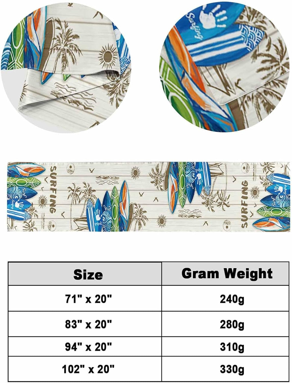 Summer Surfing Bed Runner for King Size Bed, 102"x20" Surfboard Beach Palm Trees Wood Grain Retro Luxury Bed Runners & Scarves Decorative Bedding Scarf Protector Slipcover for Home Hotel