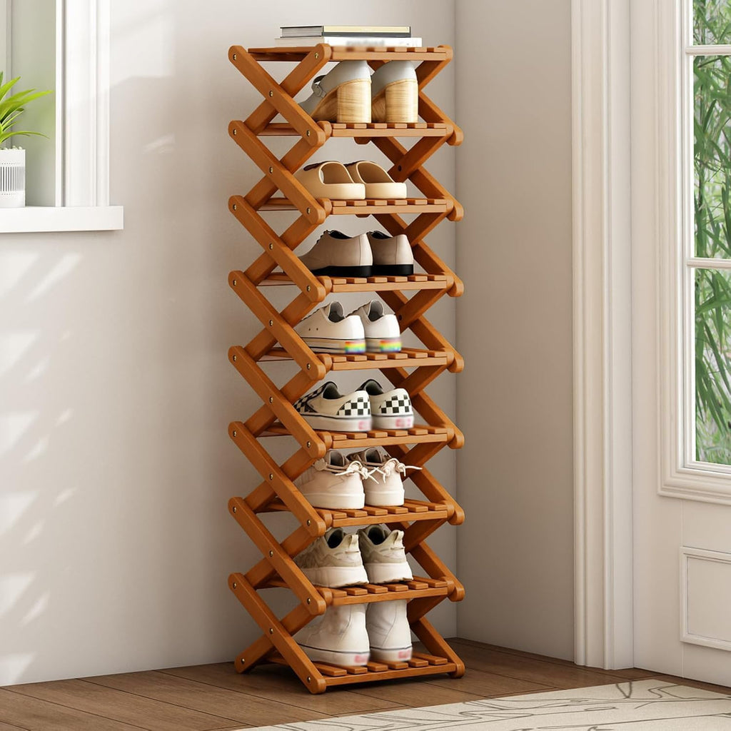 9-Tier Bamboo Shoe Rack, Foldable Portable Storage, Vertical Shoe Shelf for Entryway, Bedroom, Hallway, Small Spaces - Multi-Functional Organizer Brown